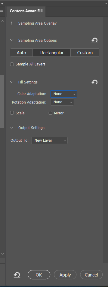 settings of Content aware fill tool