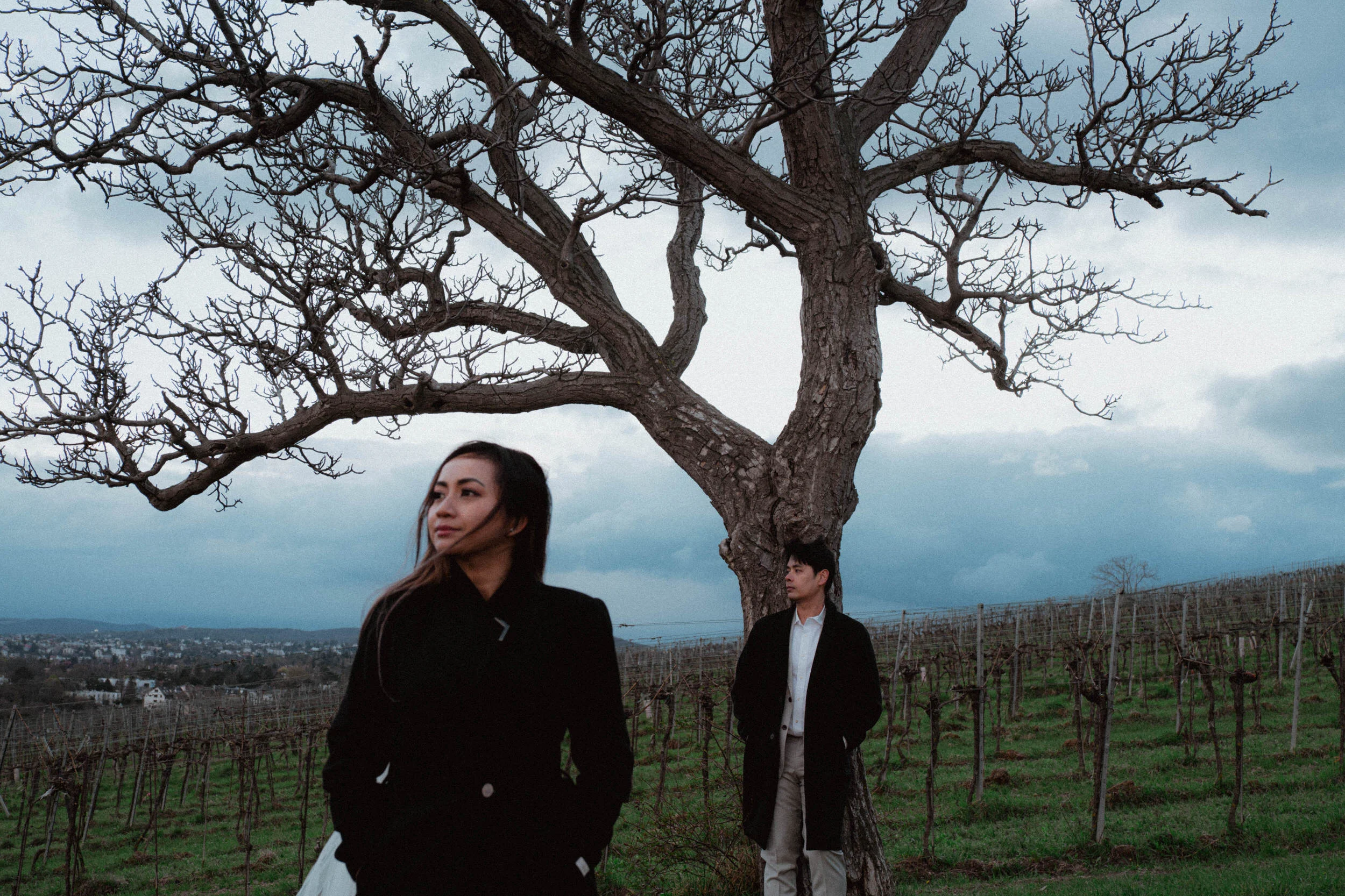 A woman and a man standing under a tree among wineyards in Nußdorf in Vienna
