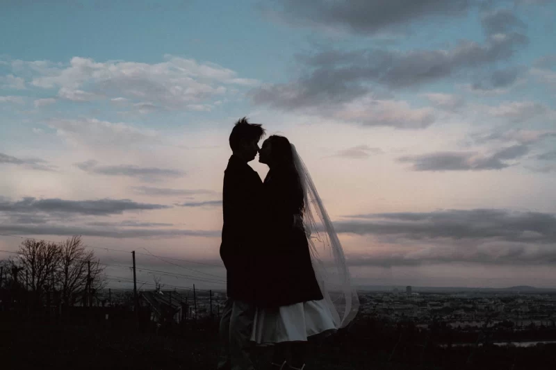 Silhouette of a couple on a hill in Vienna at sunset. Wedding photography in Vienna by Fedor Vasilev