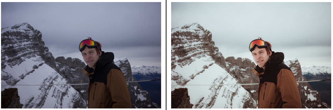 Before and after, a photograph edited to mimic film colours