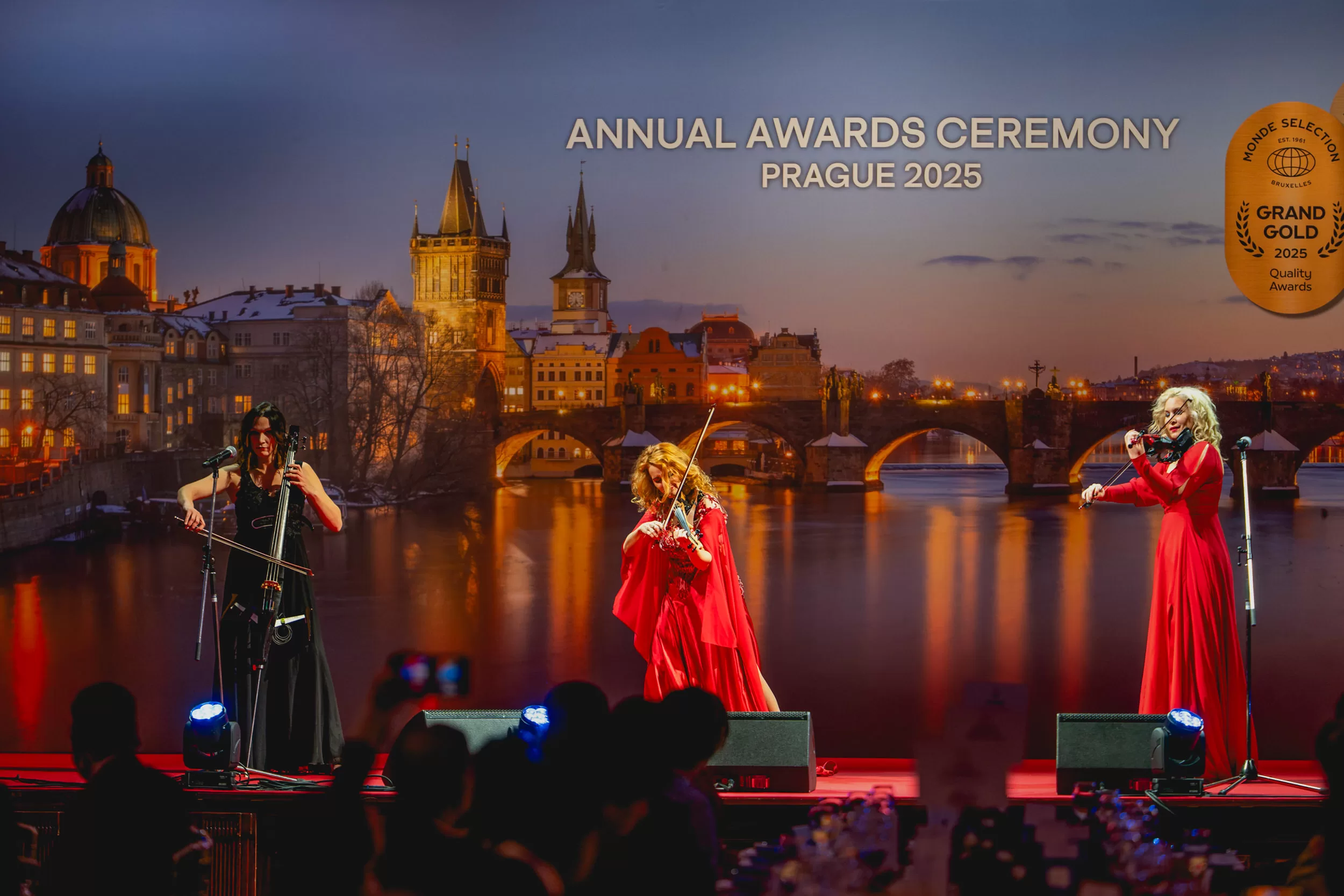 Musicians on a stage at a gala dinner
