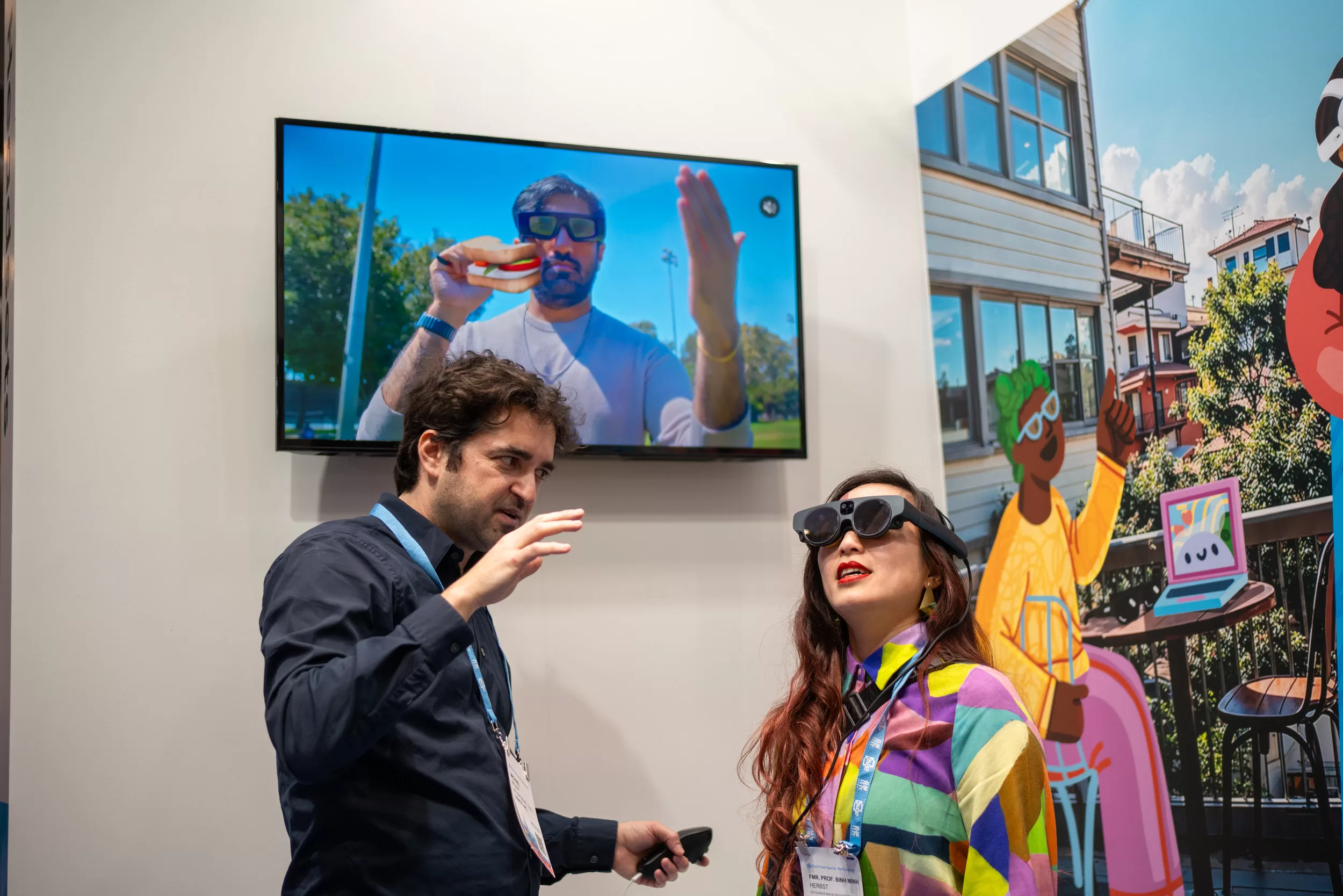A woman trying new ar product at a trade fair