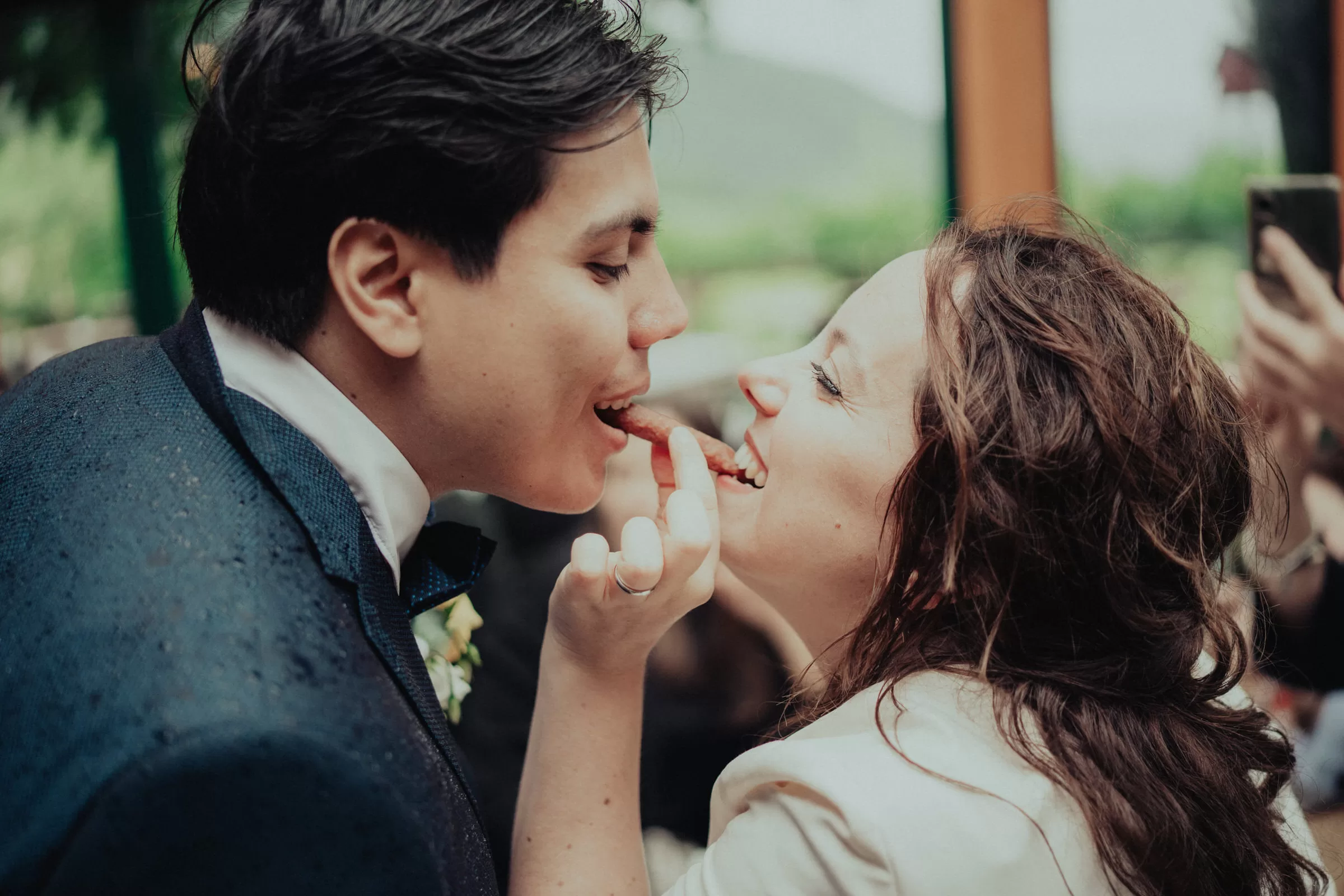 A photo of newlyweds in a restaurant