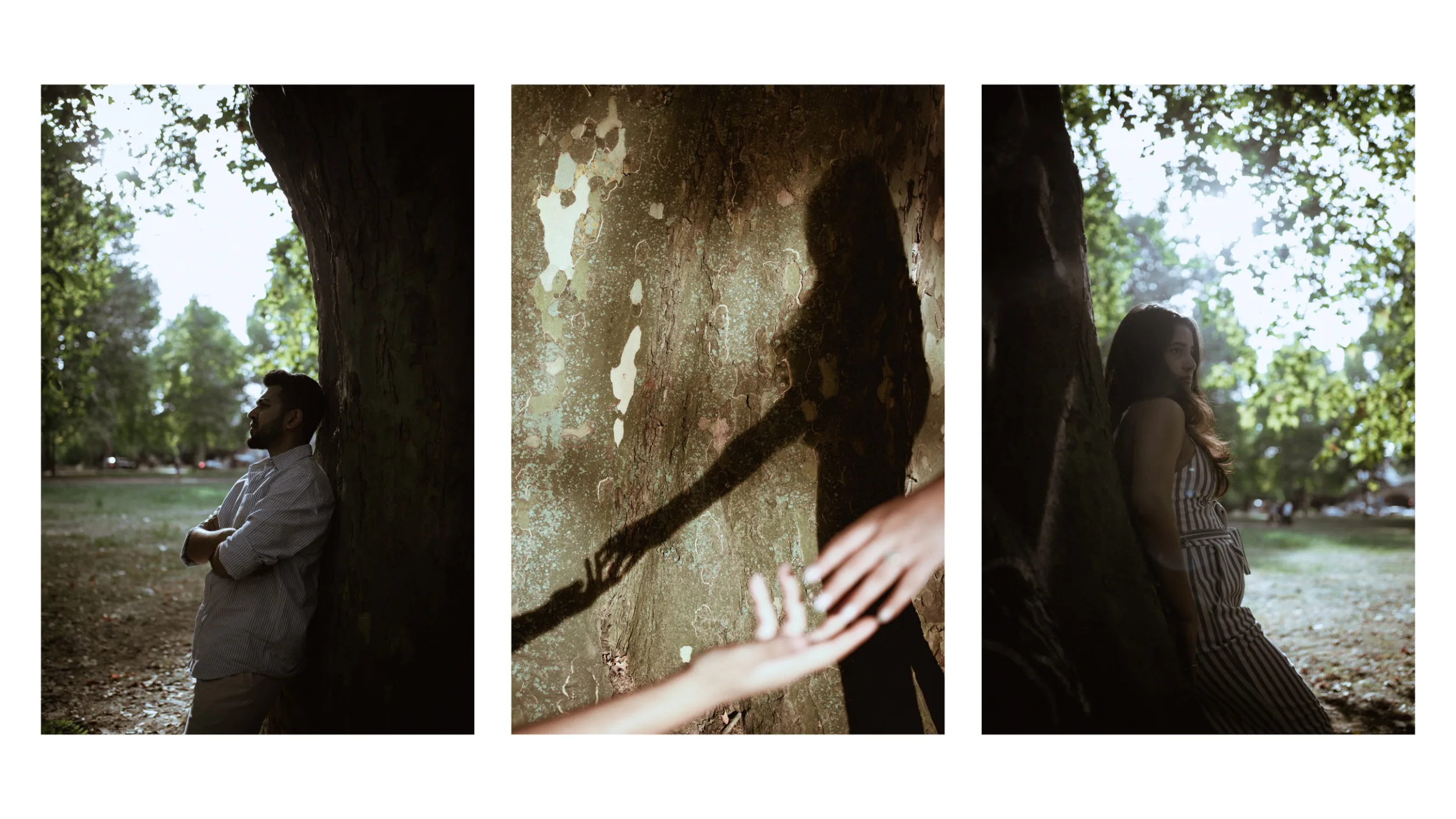 Triptych with a couple by a tree in treptower park in Berlin from en engagement photoshoot