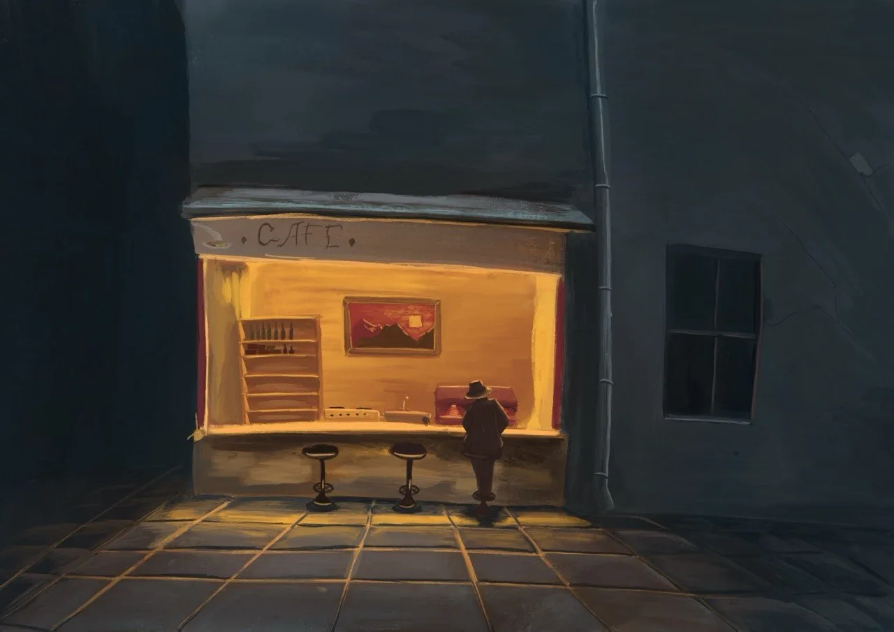 Digital painting by Fedor Vasilev with a man sitting by a cafe