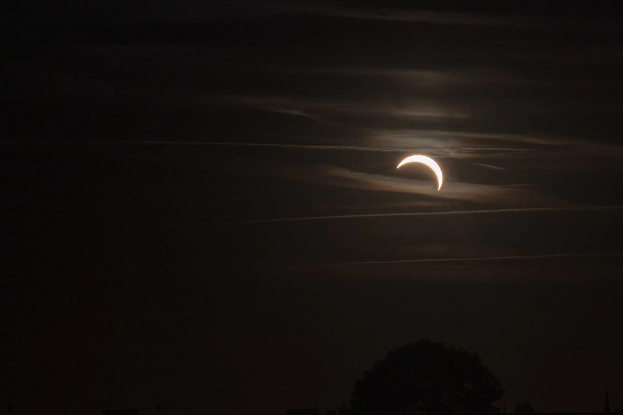 Photographing the Solar Eclipse in Berlin Fedor Vasilev Photographer In Berlin Solar eclipse partially obscuring the sun behind wispy clouds above a dark tree silhouette, captured by Fedor Vasilev.