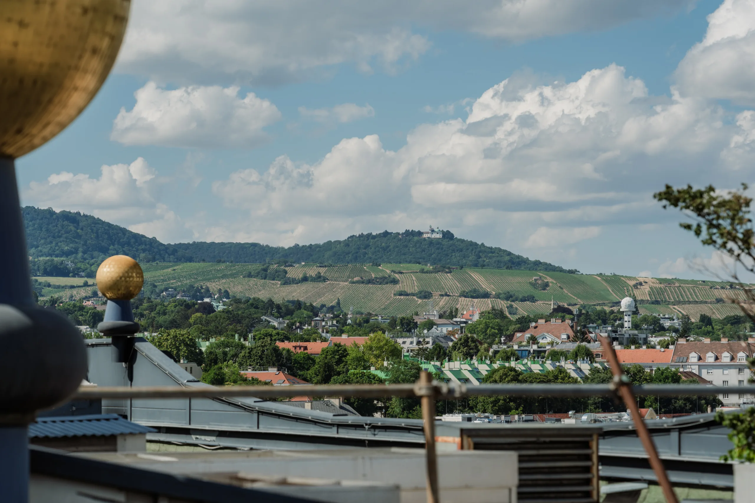 EU4Energy Conference Photography in Vienna Fedor Vasilev Photographer In Berlin Panoramic view of rolling vineyards and distant hills beneath a bright, cloudy sky as seen from a rooftop terrace.