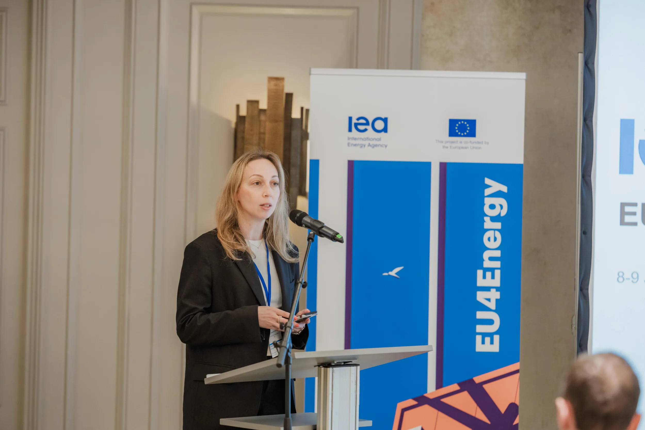 Berlin Conference Photographer Fedor Vasilev Photographer In Berlin Woman in a black blazer speaks at a podium during an EU4Energy conference, captured by Berlin photographer Fedor Vasilev.